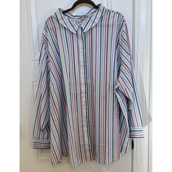 NWOT Woman Within 4xl Button Down Blouse White w/ Multi-Color Stripes Workwear - Picture 1 of 7